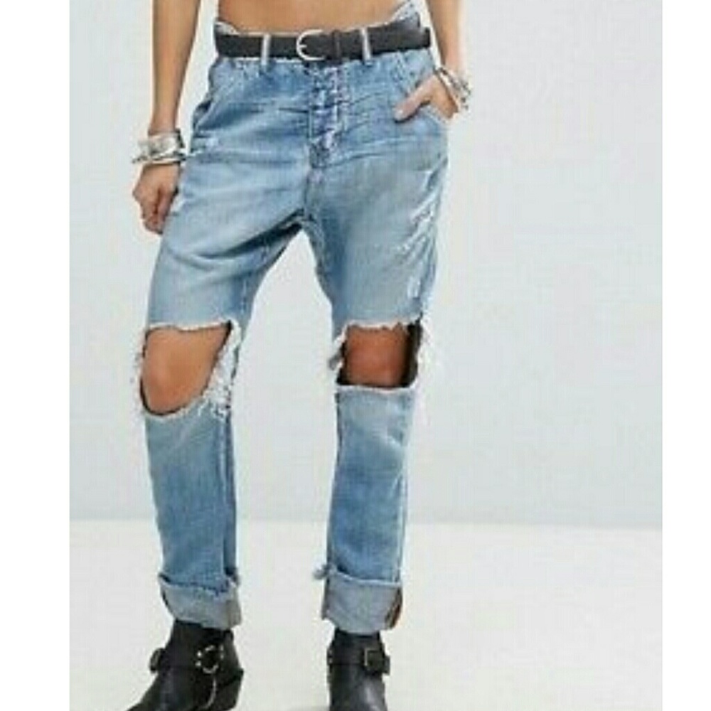 One Teaspoon Distressed Blue Boyfriend Jeans